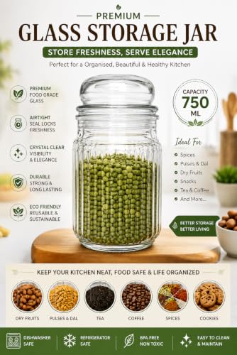 Image of Glass Jar with Lid 750ml (Pack of 6) | Glass Container for Spices, Honey, Salt, Dry Fruits, Tea, Coffee, Sugar & Kitchen Essentials