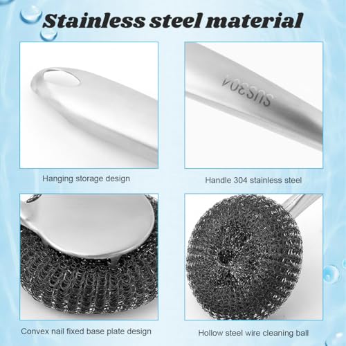 Image of Stainless Steel Wool Scrubber with Handle, 3Pcs Detachable Metal Steel Scrubber Wool Pads for Cleaning Dishes, Metal Scrubber Pot Scrubbers Can Clean Iron Pots Stoves