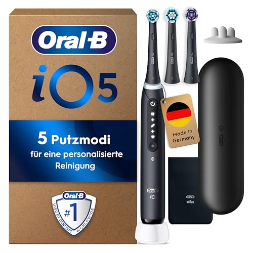 Oral-B iO Series 5 Plus Edition Elektrische Zahnbürste — Electric Toothbrush, Inkl. 3 Aufsteckbürsten, 5 Putzmodi für Zahnpflege, Reise-Etui — Zahnbürste Elektrisch, Designed by Braun, Schwarz