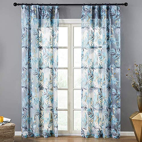 Topfinel レースカーテン UVカット 遮熱 熱帯葉柄 おしゃれ ハワイアン 幅100x丈200cm 2枚組 ブルー