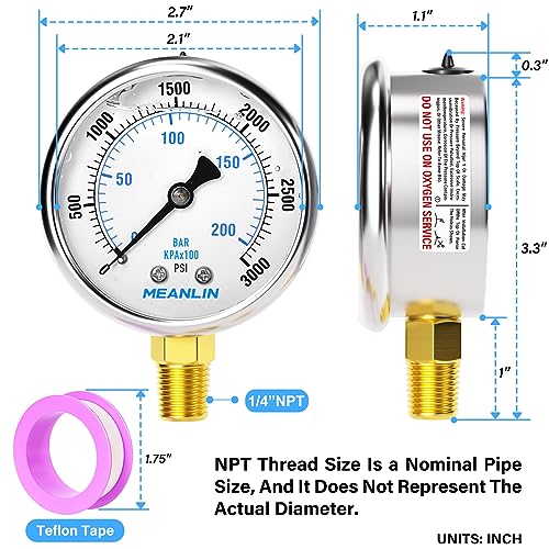 Image of MEANLIN MEASURE 0~3000Psi Liquid Filled Pressure Gauge 1 /4 inch NPT 2.5 inch FACE DIAL Stainless Steel Glycerin Filled WOG Water Oil Air Lower Mount