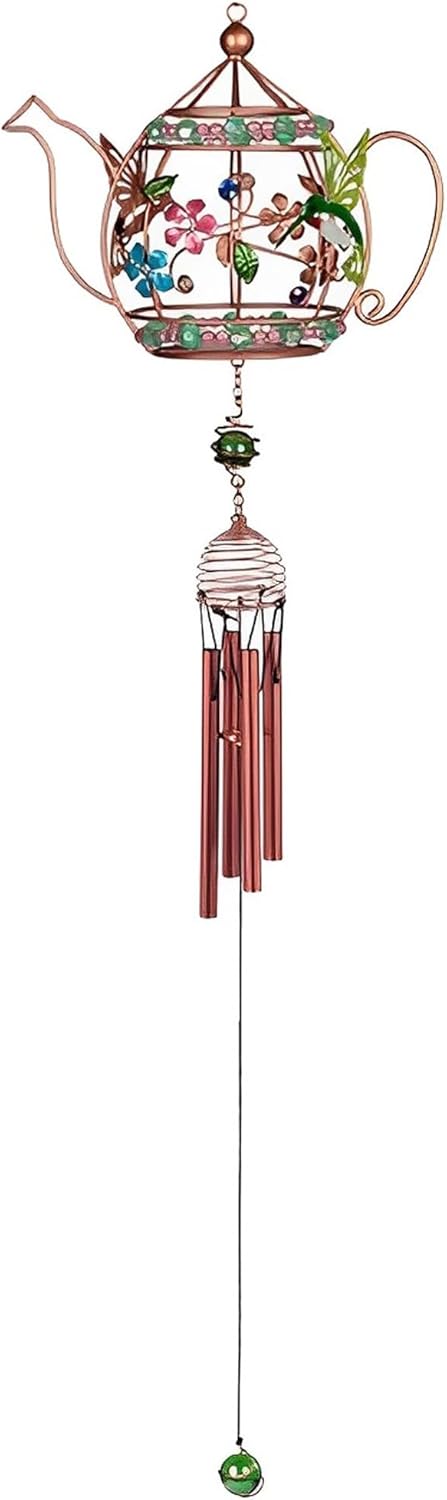 ICE ARMOR 33" Long Hummingbird Teapot Wind Chime with Copper Gem Statue Sculpture Ornament Decoration Garden Decor Ideas for Housewarming, Holidays and Birthdays Great Collectible