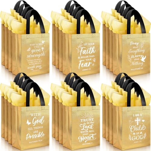 Ribbonlic 24 Pcs Religious Gift Bags with Tissue Paper, Gold