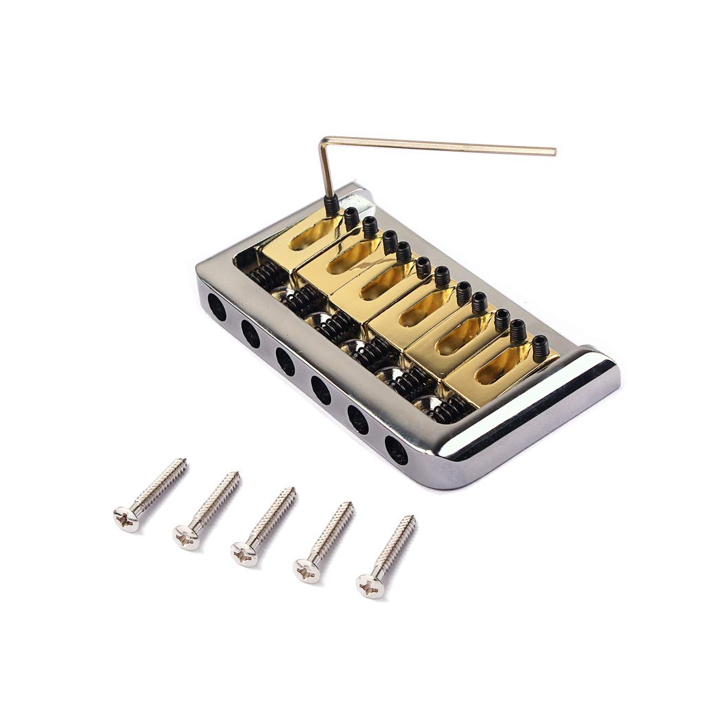 Domofa Electric Guitar Bridge Fixed Hardtail Bridge with Brass Saddle for Electric Guitar Replacement Part Chrome