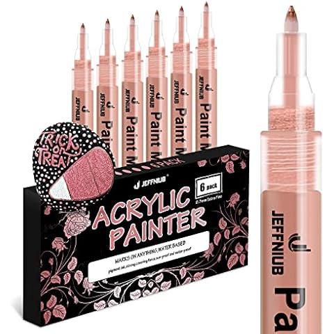 Acrylic Paint Pen Rose Gold 6PCS, Metallic Permanent Paint Markers for Rocks Painting, Wood, Fabric, Glass, Ceramic, Canvas. Card Making Supplies, Scrapbook Accessories Cover