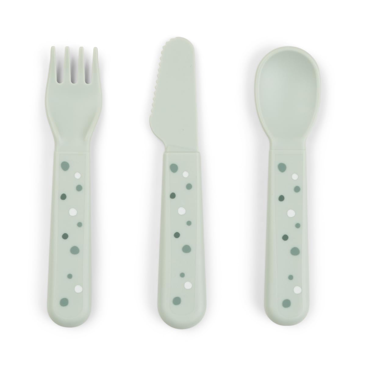Foodie Cutlery Set Happy Dots Green – Toddler Utensils with Soft Rounded Edges – Forks and Spoons for Safe Self-Feeding