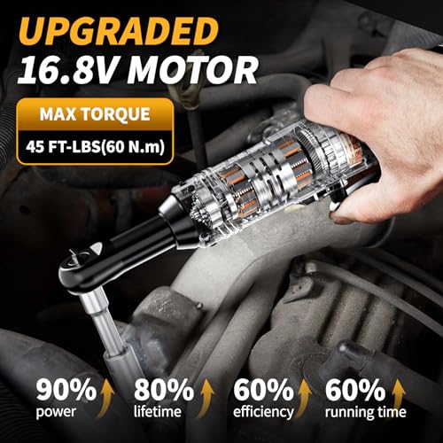 FULLYEA Cordless Electric Ratchet Wrench Set, 550RPM, 45Ft-lbs, 16.8V Extended cordless ratchet wrench 3/8, Power Ratchet with Variable Speed, 1/4" Adapter, 2 * 2.0Ah Battery and Fast Charger(Yellow) by FULLYEA - Image 3