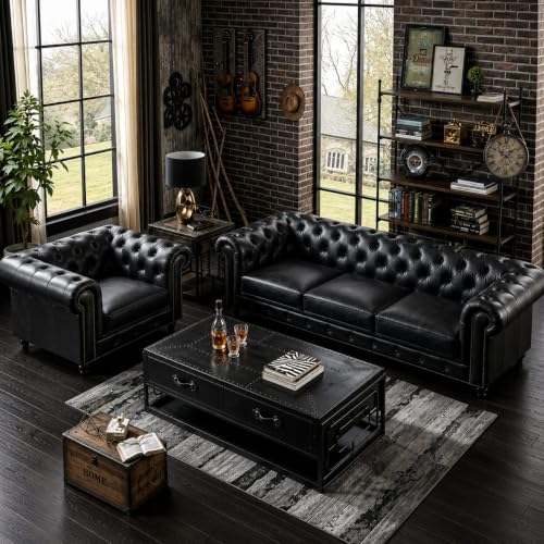 Image of Modern Classic Design Leatherette Luxury Chester Sofa Set with Button Tufted, 3+1=4 Seater Sofa for Living Room Home, Living Room Set, Hotle Office and Lobby (Black, 3+1=4 Seater Sofa)