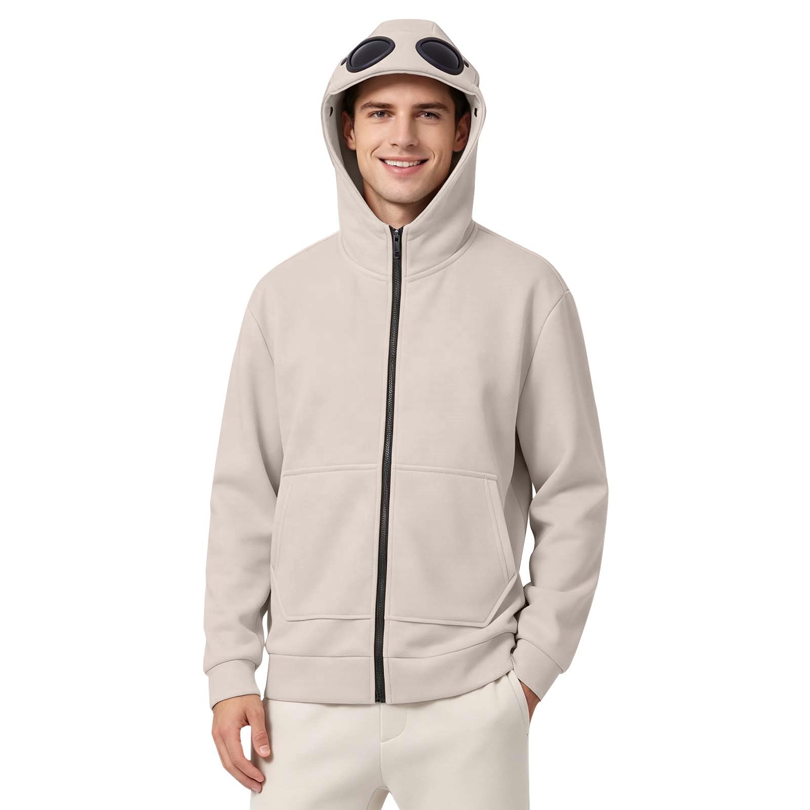 Chaqueta con capucha para hombre con gafas de piloto integradas en la capucha, sudadera transpirable con cremallera, sudadera de manga larga con bolsillo canguro, chaqueta de entretiempo resistente al