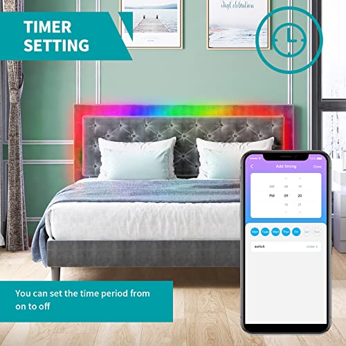 Balus Full Size Bed Frame With Rgb Led Headboard/Velvet Upholstered Platform Bed Frame With Music Sync Color Changing Led Light Strips&Works With Alexa Or App/Solid Wood Slat Support(Full,Light Grey) #TOP5