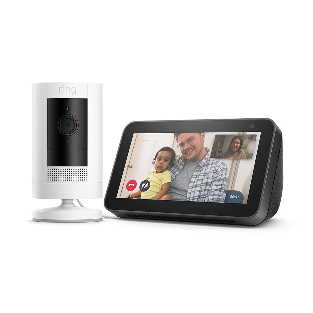 Ring Stick Up Cam Plug-In White + Echo Show 5 | 2nd generation (2021 release), smart display with Alexa and 2 MP camera | Charcoal