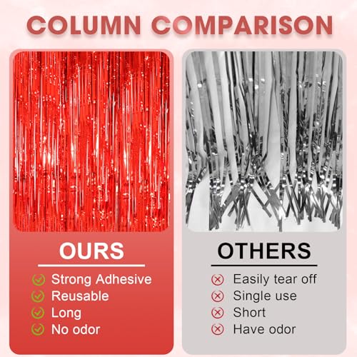 Image of Voircoloria 2 Pack Red Tinsel Foil Fringe Curtains, Red Party Decorations, Metallic Tinsel Party Streamers Backdrop for Birthday Casino Christmas Graduation Carnival Valentine's Party Decorations