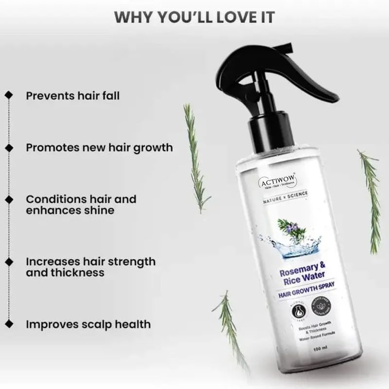 Image of ActiwowRx Rosemary Rice Water Spray for Hair Growth 100ml | Strengthen & Moisturize | Natural Scalp Care for Thicker, Healthier Hair | Ideal Leave-In Conditioner Alternative for All Hair Types