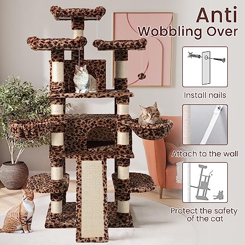 Image of SHA CERLIN 68 Inches Multi-Level Large Cat Tree for Large Kitties /Big Cat Tower with Condo /Cozy Plush Pussycat Perches /Sisal Scratching Posts and Hammocks /Activity Center /Leopard Print