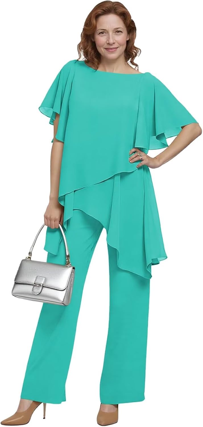 2 Piece Mother of Bride Pant Suits for Wedding Chiffon Short Sleeves Women Tiered Ruffles Formal Dressy Outfits LM04