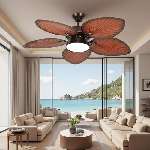 DWVO 52" Tropical Ceiling Fan with Light & Remote, 5-Blade Whisper-Quiet DC Motor 6-Speed & Reversible Airflow, 6''/12'' Downrods for Bedroom, Living Room, Dining Room