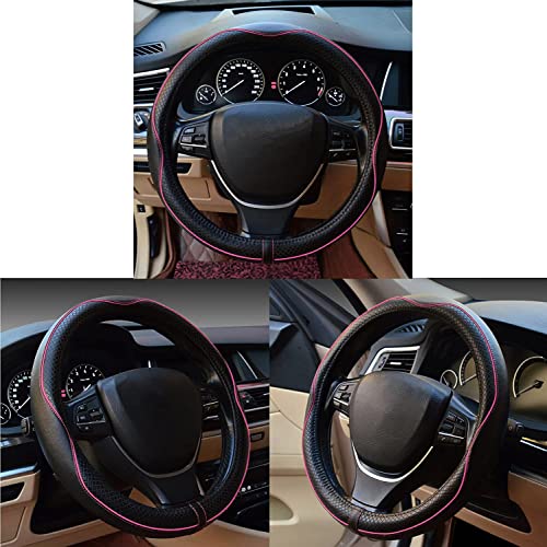 Image of Car Steering Wheel Cover, Anti-Slip, Safety, Soft, Breathable, Heavy Duty, Thick, Full Surround, Sports Style (Black with Pink Line)