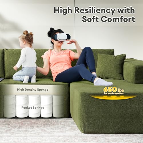 Image of HOOOWOOO Sectional L Shaped Couch,106 inch Assembly Free Modern Minimalist Sofa,Extra Deep Large Sofa Couch Set,Corner Couch in A Box for Living Room(Right Chaise Olive Green Boucle Uphosted)