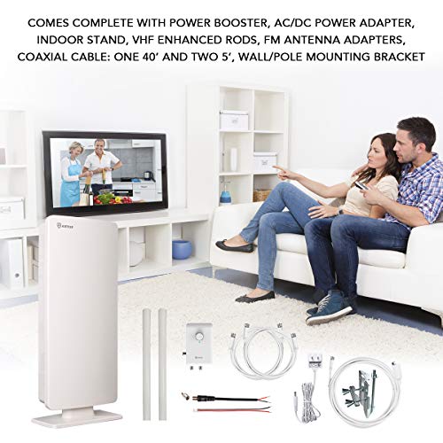ANTOP HDTV & FM Amplified Antenna 85 Miles AT-800SBS with Dual Outputs Smart Boost System, Support TV and Second Device-FM Stereo, a Second TV or Any OTA-Ready Streaming Device or Projector