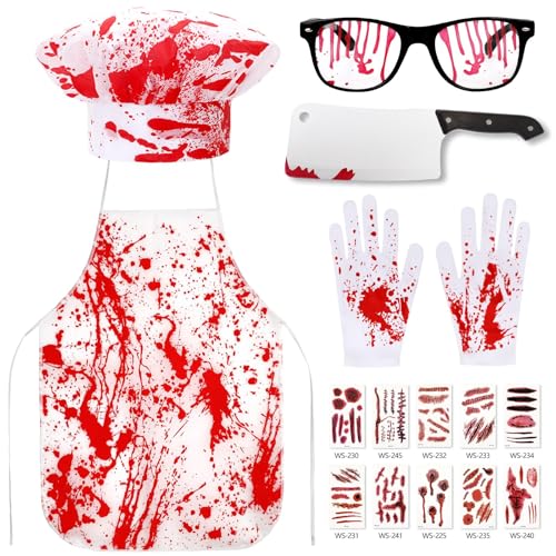 JUNEBRUSHS 15Pcs Halloween Butcher Costume Set, Butcher Apron Hat Gloves Glasses Knife Tattoo Stickers Cooking Chef Apron Zombie Party Set for Women Adults Men White