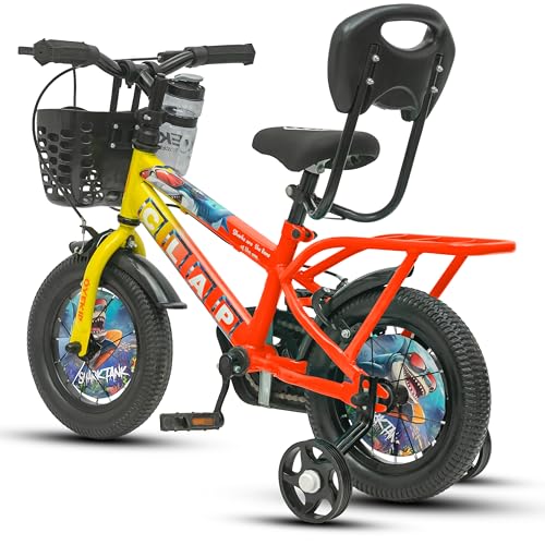 Image of Shark Tank 12T Kids Bicycle for Boys & Girls with Training Wheel, Front Basket, PU Soft Seat with Backrest, Full Chain Cover & Stylish Wheelcards (Yellow /Orange, 12T)