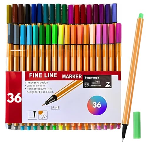 Kit 36 Canetas Canetinhas Fineliner Coloridas Ponta Fina 0.4mm para Desenho e Escrita com Tintas Vibrantes, Secagem Rápida, Ergonômicas, Bullet Journal Traço Preciso, Estojo Compacto Linha Premium