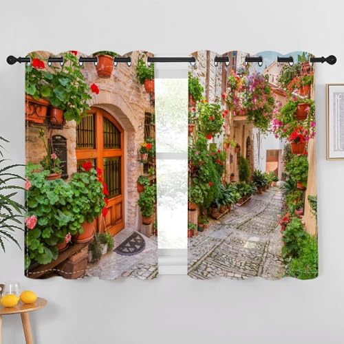 DORCEV Cortinas de escena de la calle de la Toscana de Italia, primavera, calle vieja, llena de flores, cortinas opacas para ventana, flores decoradas por la calle, planta verde para sala de estar,