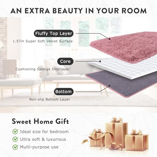 Fluffy Rug for Bedroom, 4x6 Blush Pink Shag Area Rug for Living Room, Soft Modern Indoor Fuzzy Plush Rug, Non-Slip Shaggy Carpet for Girls Kids Room Nursery Dorm Home Decor