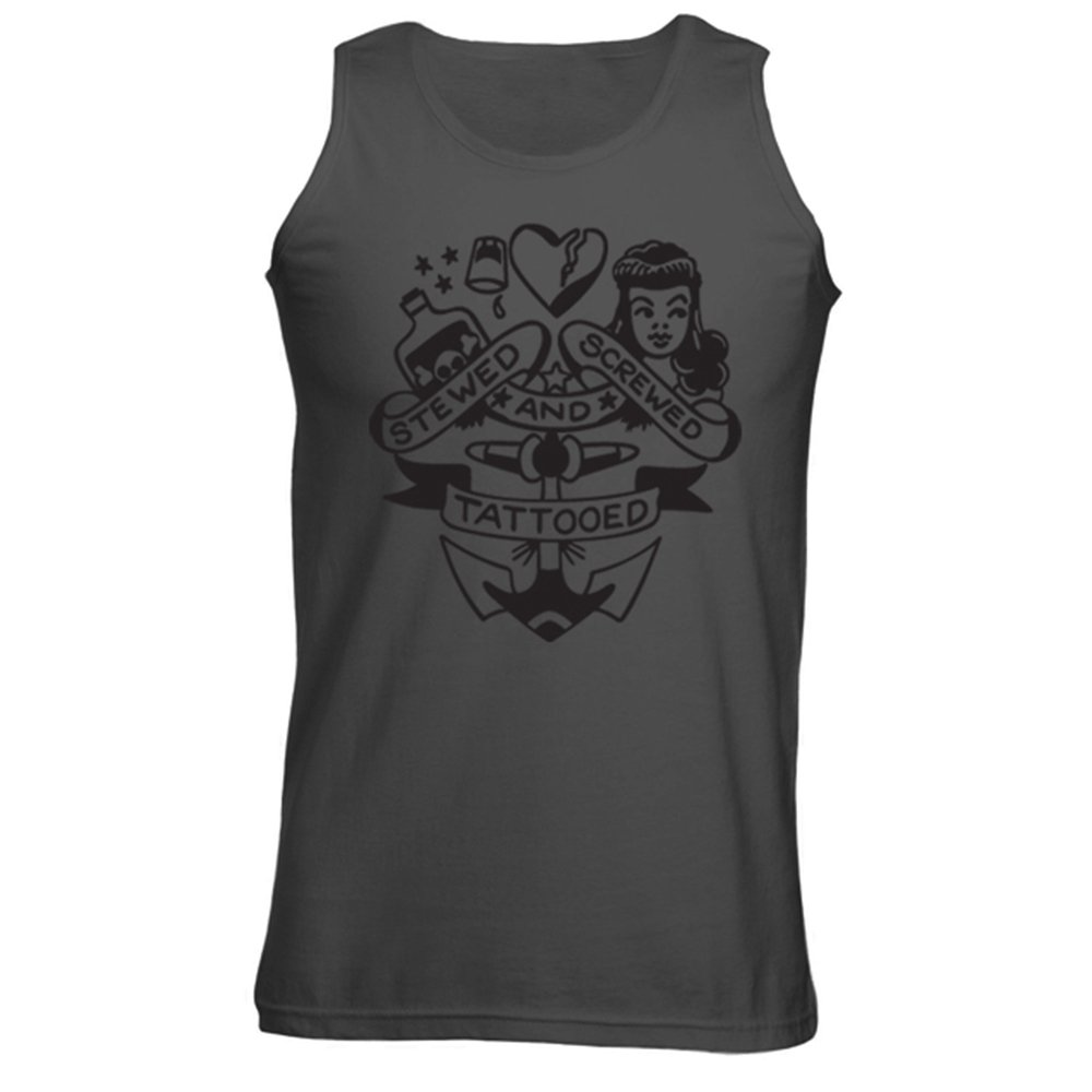 Mens Stewed Screwed and Tattooed Traditional Tattoo Vest Tank Top Charcoal Grey (XXL)