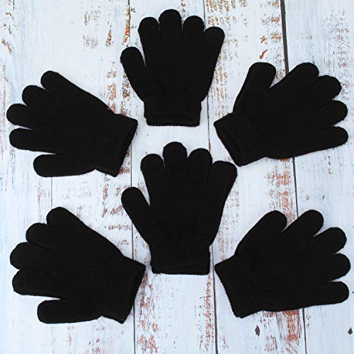 Cooraby 6 Pairs Kids Knitted Magic Gloves Teens Warm Winter Stretchy Full Fingers Gloves (Black, 6-12 Years) #TOP5