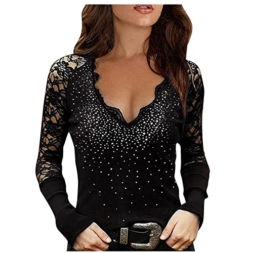 T-shirt à manches longues pour femme - Noir - Manches en dentelle tendance - Col en V - Slim fit - T-shirt à manches longues - Tunique élégante - Basique Cover