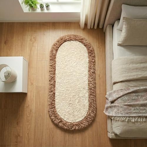 Image of Shaggy Runner, Polyester Rug, Hallway Carpet, Bedside Runner, Plush Area Rug, high Pile Rug, 2 inch Pile, Fluffy Floor mat. - (1.5x4 feet, Ivory /Beige, Oval)