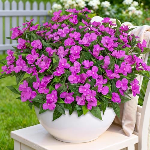 Image of 6 Bundles Artificial Flowers for Outdoors Fake Impatiens, Fuschia | UV resistant, silk flowers, no fade realistic faux plants, outside patio garden porch planters window box balcony home decor