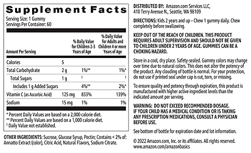 Image of Amazon Basics Kids' Vitamin C 125mg Gummies, Orange, Immune Health, 2 Month Supply (Previously Solimo) 60 Count (Pack of 2)