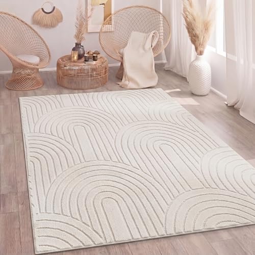Paco Home Tapis Salon Chambre Adulte Poil Long Shaggy Motif Scandinave Motif Boho Arc-en-Ciel Lavable Beige Crème, Dimension:120x160 cm