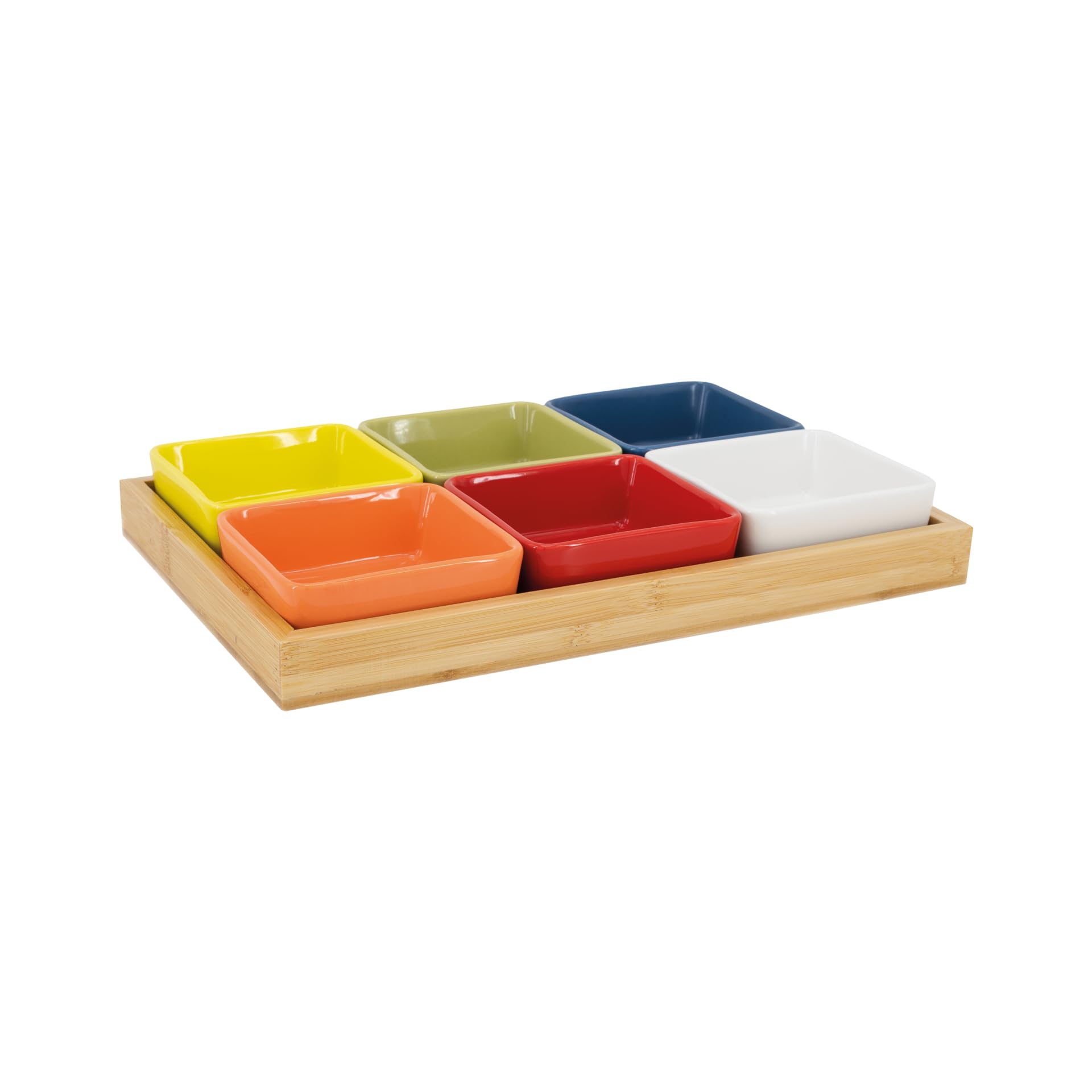 Remember Schalenset mit Holztablett Nr 1, 7 tlg, Tablett: B 33 x T 22.5 x H 5 cm, spülmaschinengeeignet – Servierschalen Set mit Tablett aus Holz, für Snacks, Tapas oder Antipasti
