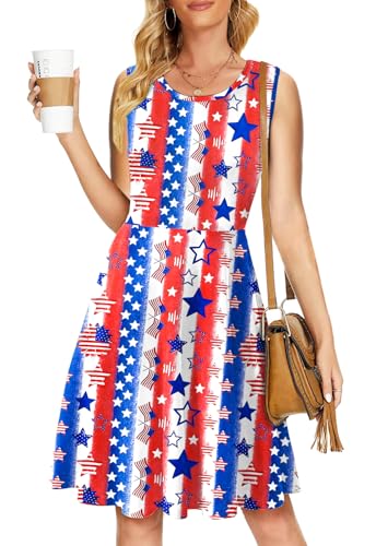 Image of Deerose 4th of July Dress for Women Sleeveless American Flag Patriotic Elastic High Waist Sundress