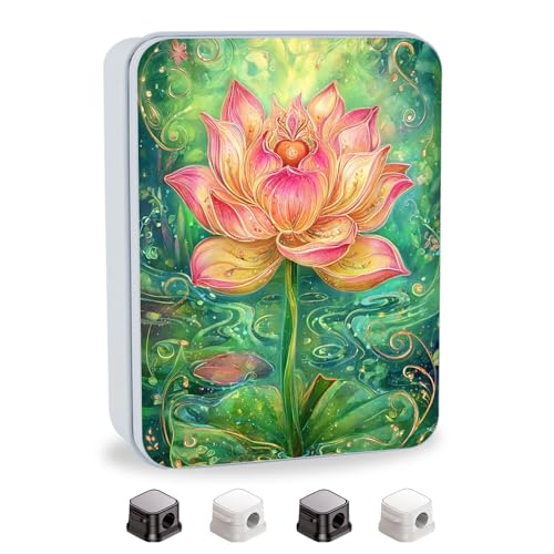 Image of Metal Tin Box with Lid,Multi-functional Storage Box Can Store Tea Biscuits Game Cards, Playing & Tarot Cards-Comes with 4 Magnetic Cord Clips,Lotus Flower Art
