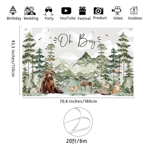 Image of Avezano Oh Boy Backdrop Forest Adventure Baby Shower Photography Background Mountain Wilderness Woodland Baby Shower Decorations Watercolor Greenery Forest Party Photoshoot Banner (6 x 3.6 ft)