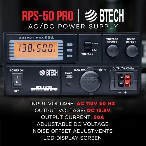 Image of BTECH RPS-50PRO 50A (50 Amp) Regulated Power Supply, AC-to-DC Bench Convertor, Adjustable 9-15V (Fixed 13.8V Option), Anderson Powerpole Connectors, Noise Offset, USB-C, and Cigarette Plug Outputs