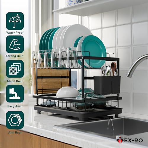 Image of TEX-RO 2 Tier Dish Drying Rack for Kitchen with Drainer Tray | Utensils Drying Rack with Cutlery Holder | Glass Holder & Cutting Board Holder | Anti-Rust Steel Dish Rack Kitchen Organizer (Black)