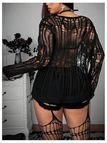 Image of RoseSeek Women's Plus Size Y2K Cut Out Long Sleeve Punk Sweater See Through Knitwear Open Knit Grunge Tops