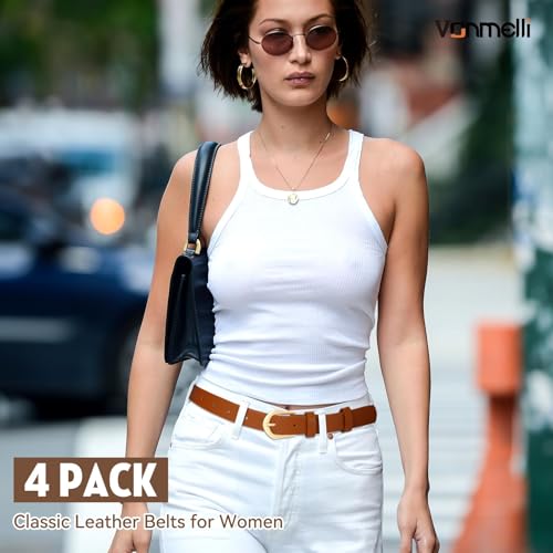 VONMELLI 4 Pack Womens Thin Leather Belt Skinny Waist Belts for Women Fashion Jeans Dress with Gold Buckle4