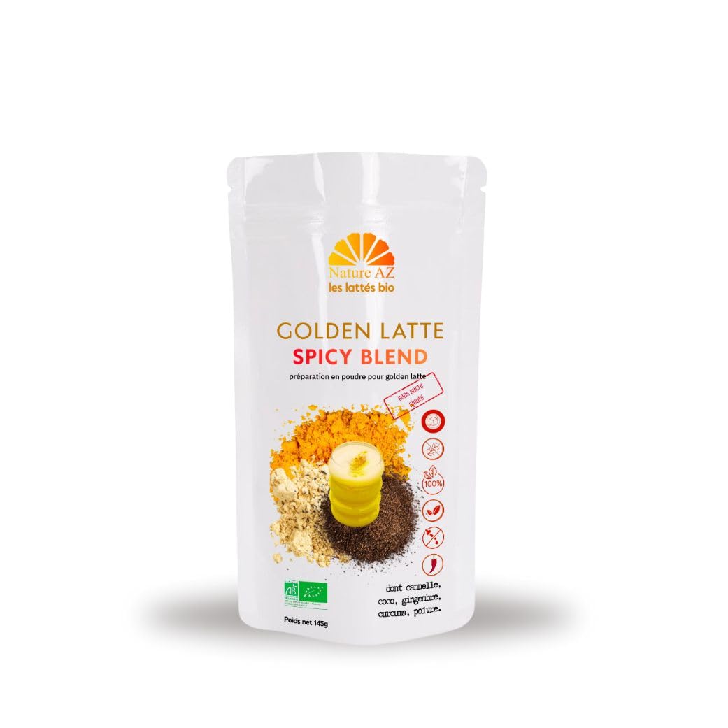 Nature AZ Golden Latte Bio Spicy Blend, Curcuma, Gingembre, Poivre, Cannelle, Sans Sucre Ajouté, IG bas, Sans Maltodextrine, Vegan & 100% Naturel, Sachet 145g env. 30 doses, Fabrication Française