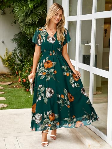 Image of Simplee Womens Floral Maxi Dress - Short Sleeve Summer Boho Wedding Guest Dress Empire Waist Chiffon Modest Midi Dresses