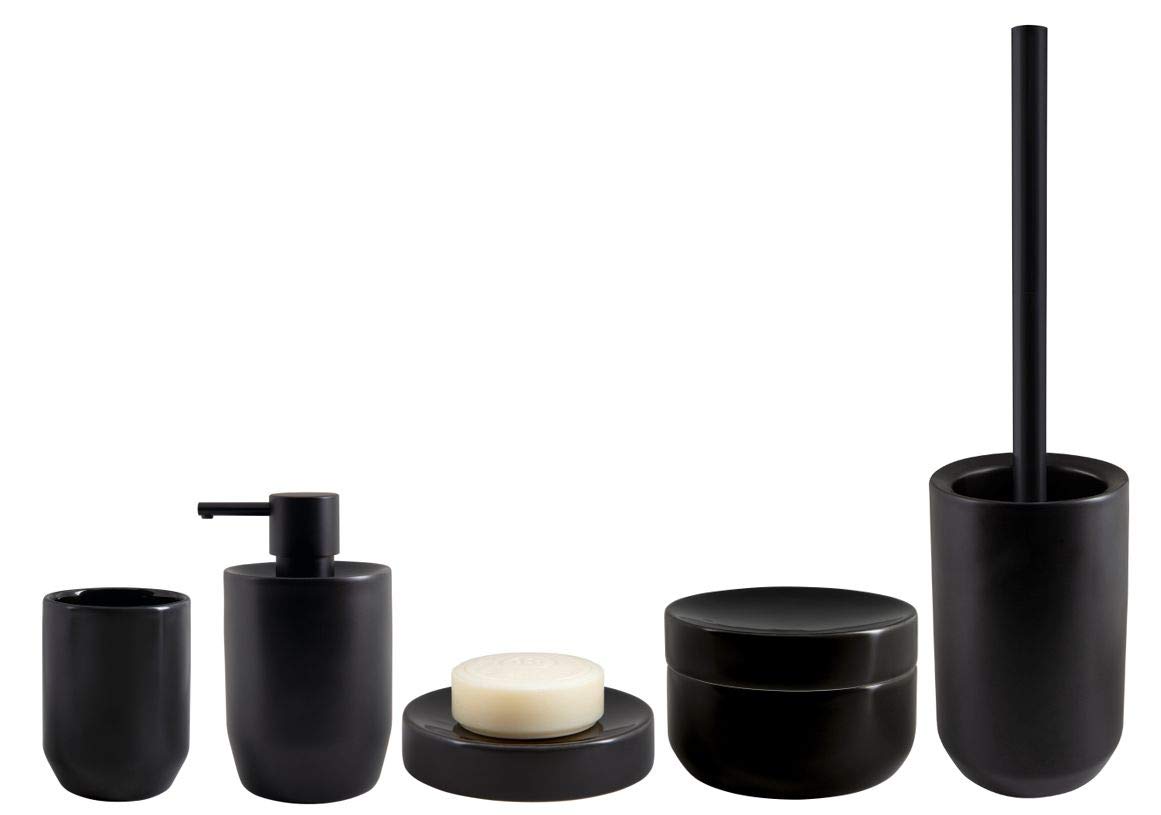 Spirella Jaro - Juego de accesorios de baño (5 piezas, dispensador de jabón, escobilla, jabonera, caja de almacenamiento y vaso para cepillos de dientes, color negro