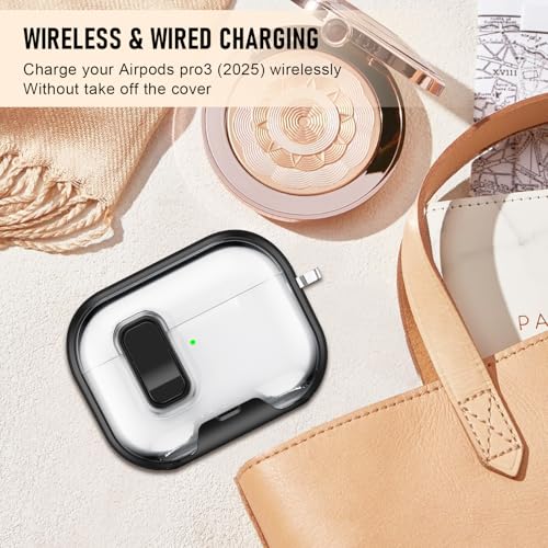Image of Compatible Airpods Pro 3 Case (2025) with Phone Stand & Cleaner Kit,Print Soft Silicone Lock Clip Apple AirPods Pro 3rd Generation Case, Airpod Pro 3 Cover with Keychain for Women /Girls,Black