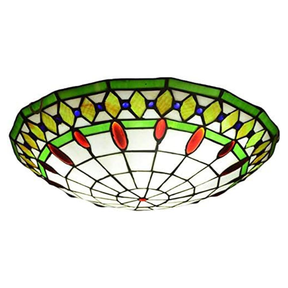 LOGT Tiffany Ceiling Light Mediterranean Handcrafted Stained Glass Lampshade Ceiling Lamp Round Indoor Flush Mount Ceiling Light for Living Room and Bedroom Tiffany Style Lighting,Green,40CM