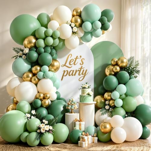 Image of Sage Green Balloon Garland Arch Kit, Mint Green,Gold,Sand White,144 pcs