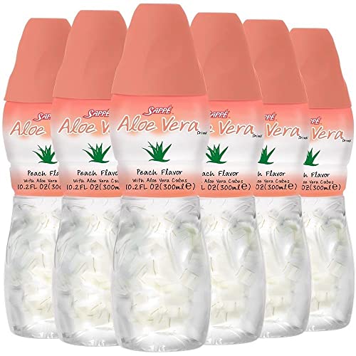 Aloe vera juice (Peach flavored) Aloe vera drink with bigger chunky pure aloe pulp (6 Packs) Plant based juice great for hydration and contains large aloe pulp. Aloe vera peach juice is healthy for adults and kids